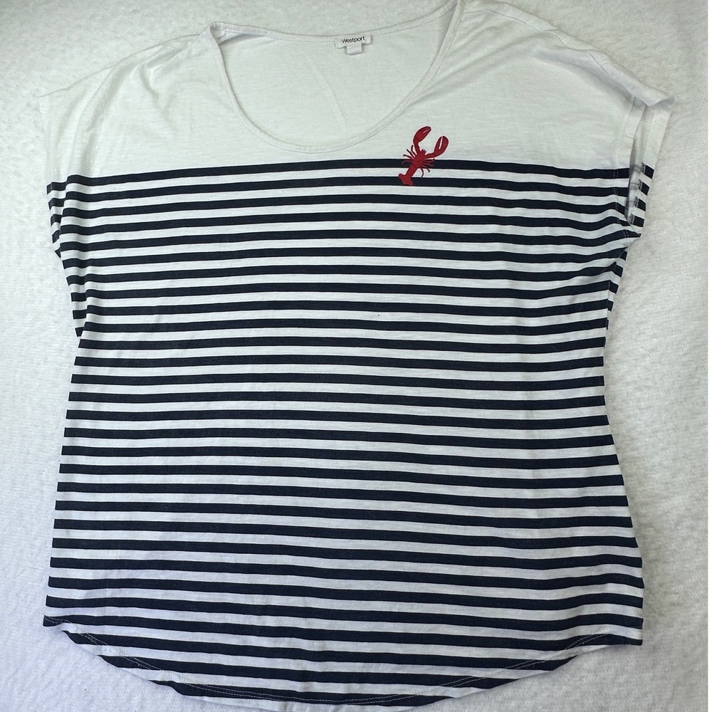 Westport White Navy Striped Short Sleeve Tee with Red Lobster Accent